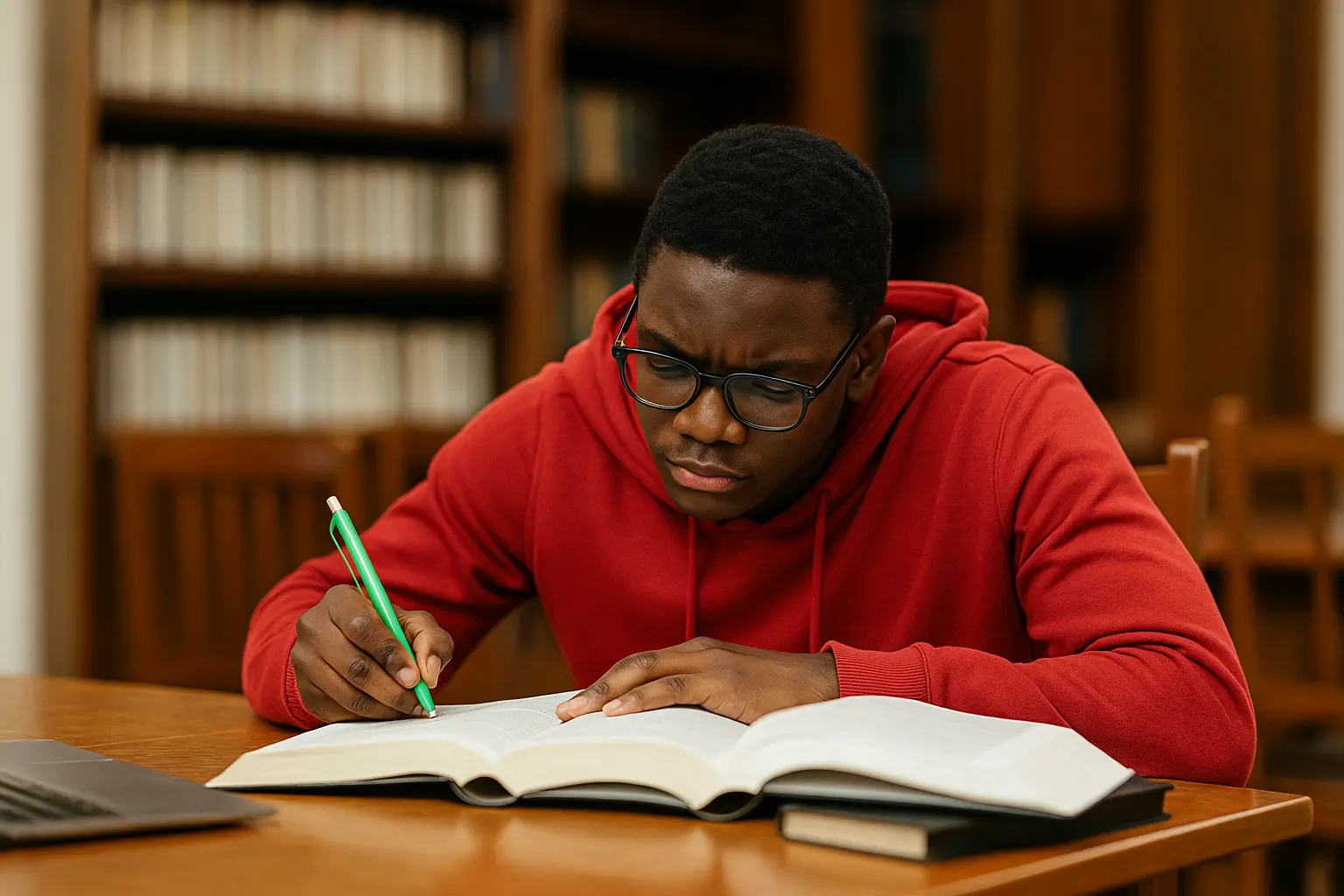 Student writing with book