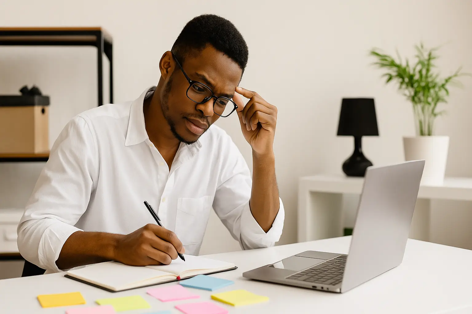 Student writing with laptop